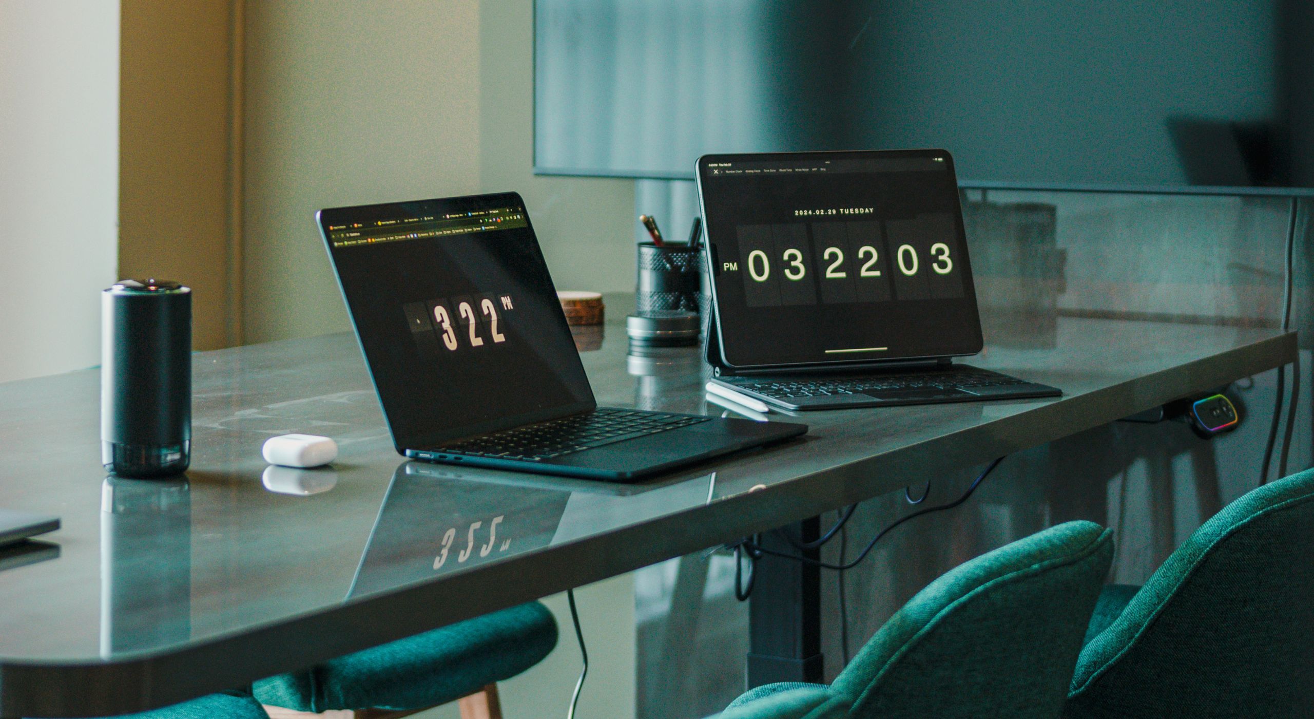 Blue-lit office room