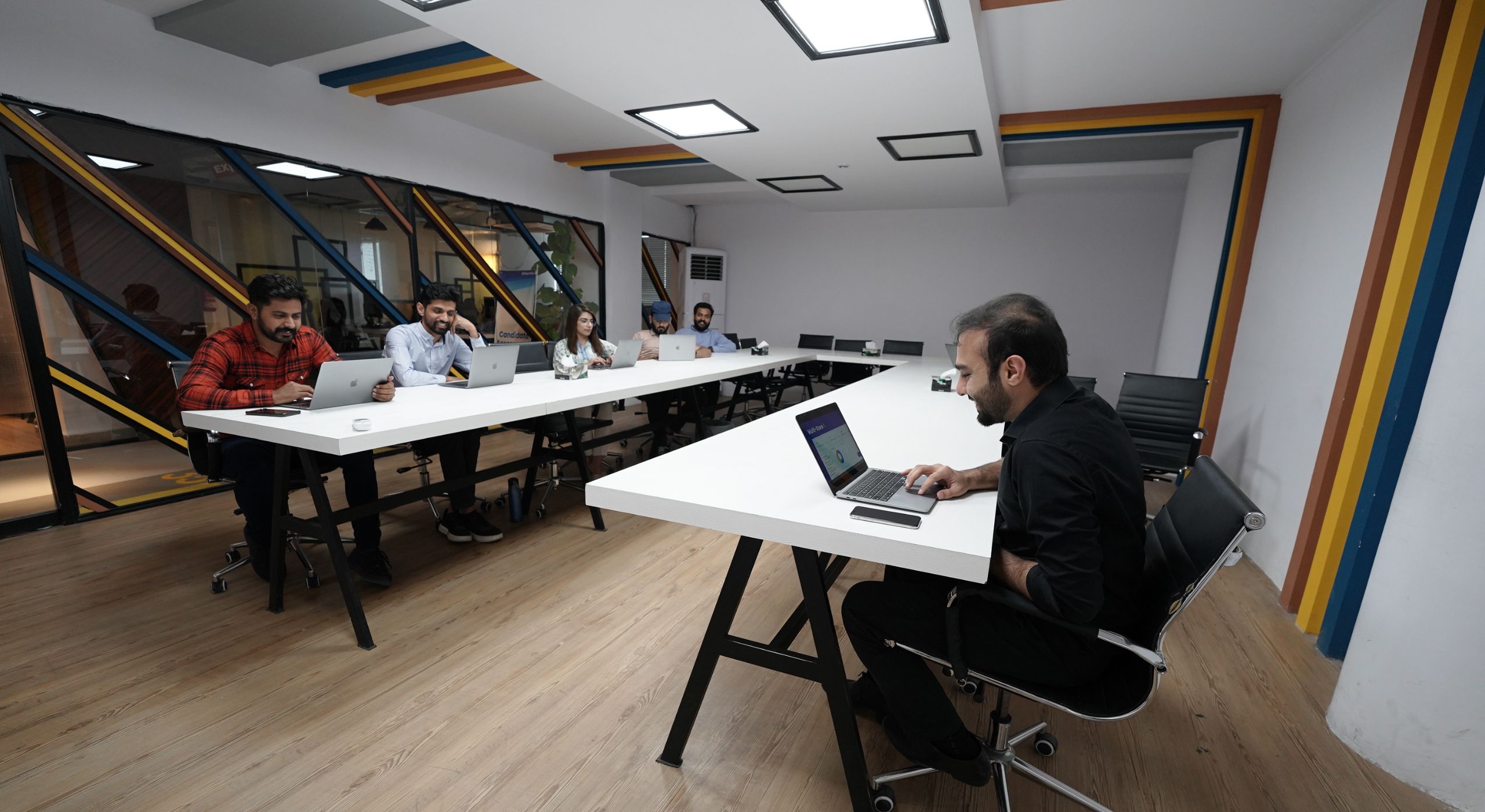 Office windows lit at night