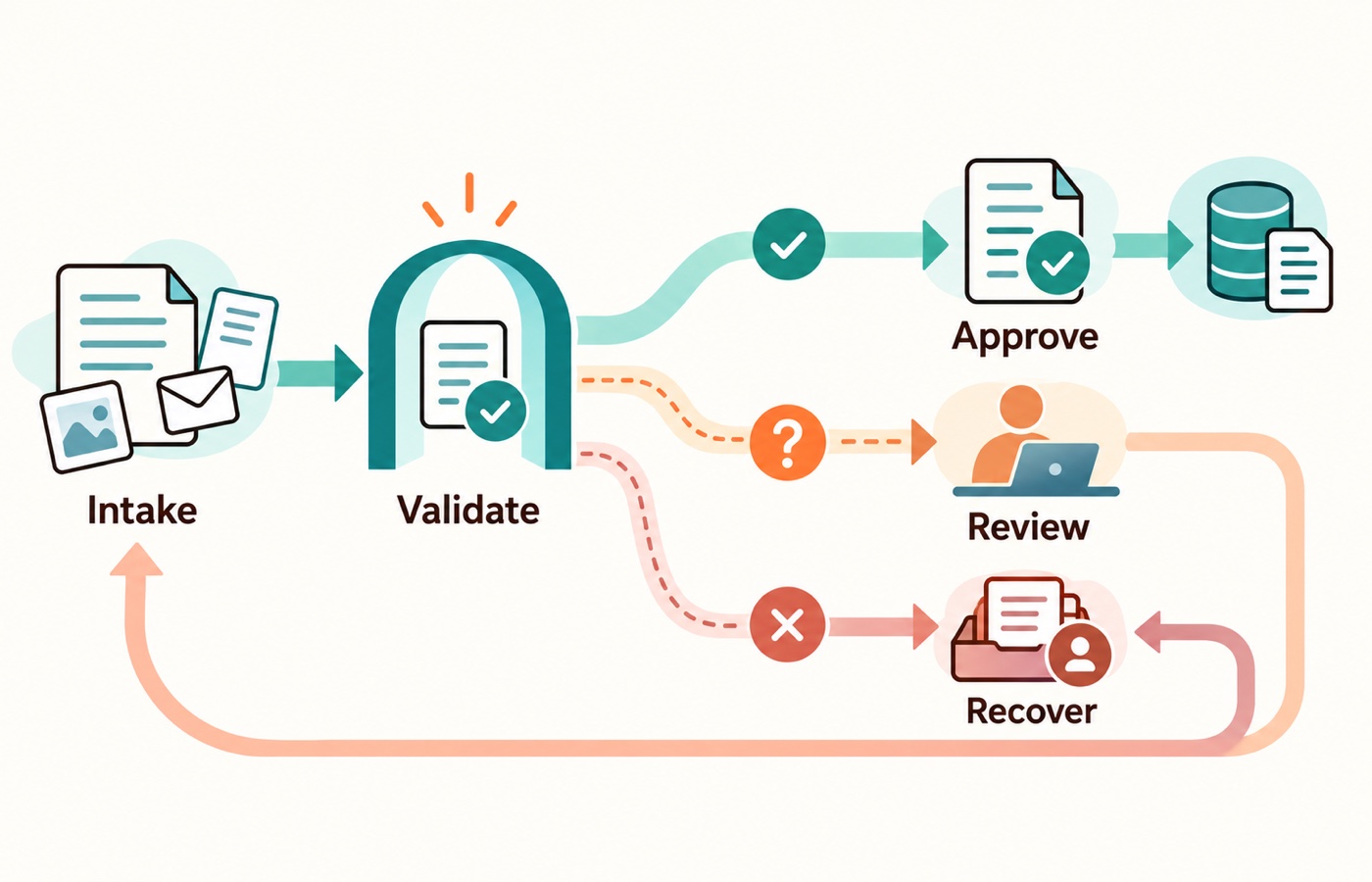 Validate incoming work, approve clear cases, route uncertainty to people, and retain recoverable paths for missing data or system failures.