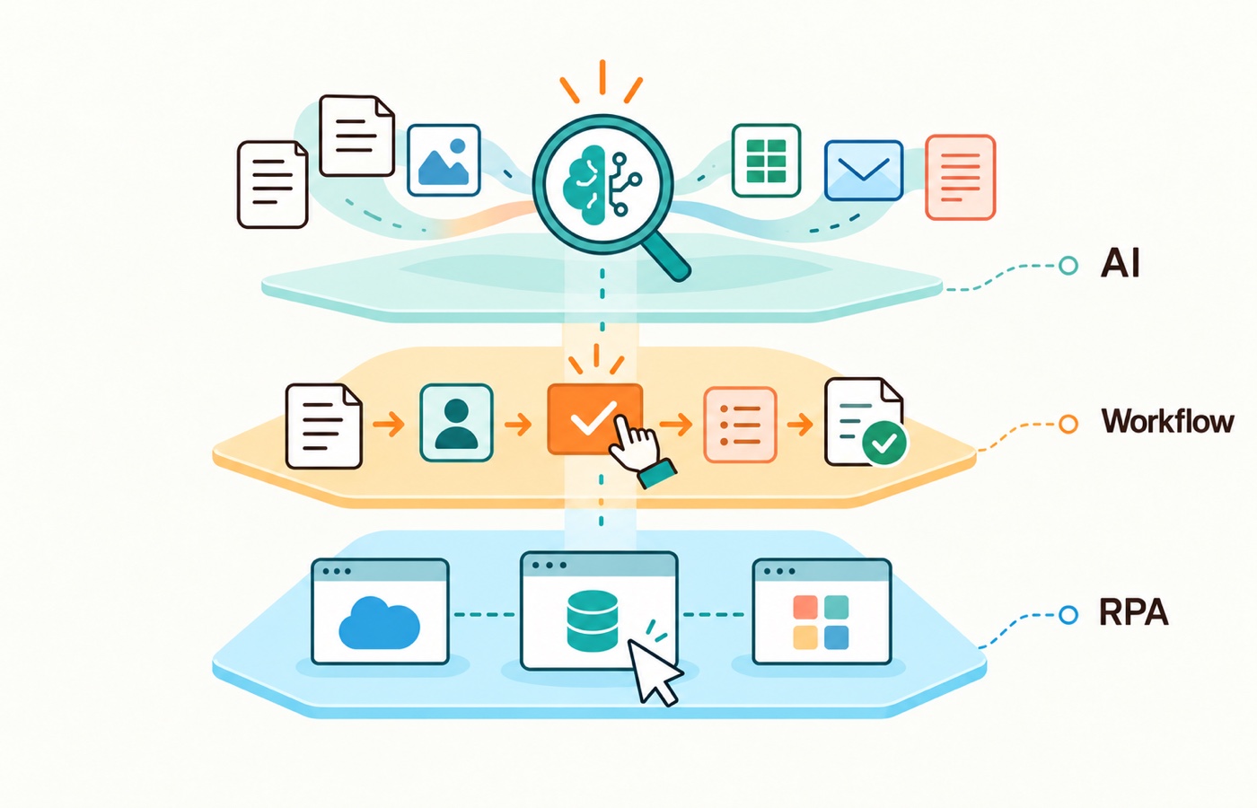 Combine interface automation, workflow orchestration, and AI interpretation according to the process rather than choosing one layer for everything.