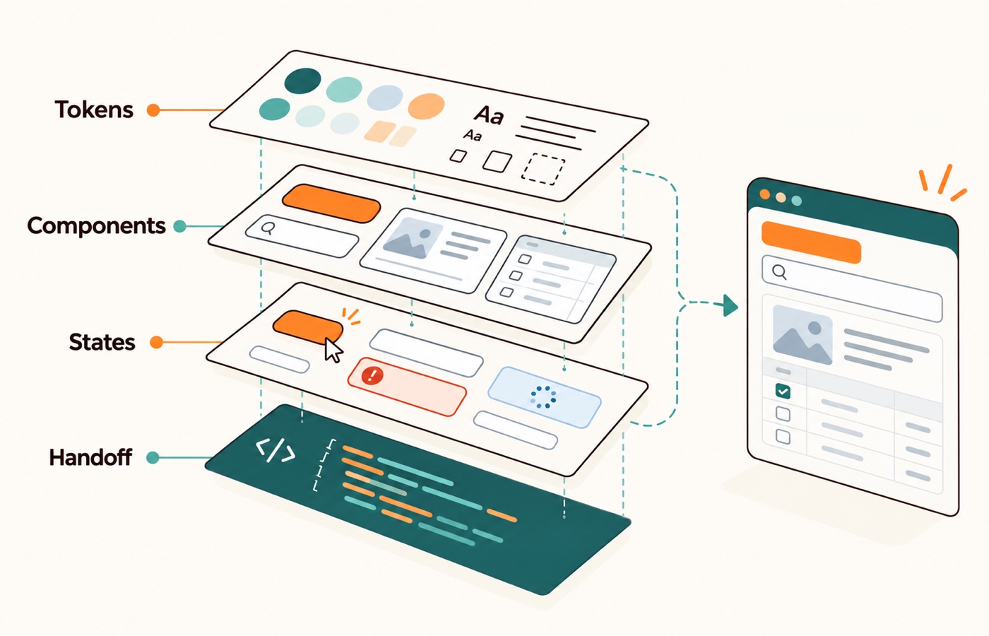A minimum design system combines shared tokens, recurring components, interaction states, and a clear design-to-code handoff.
