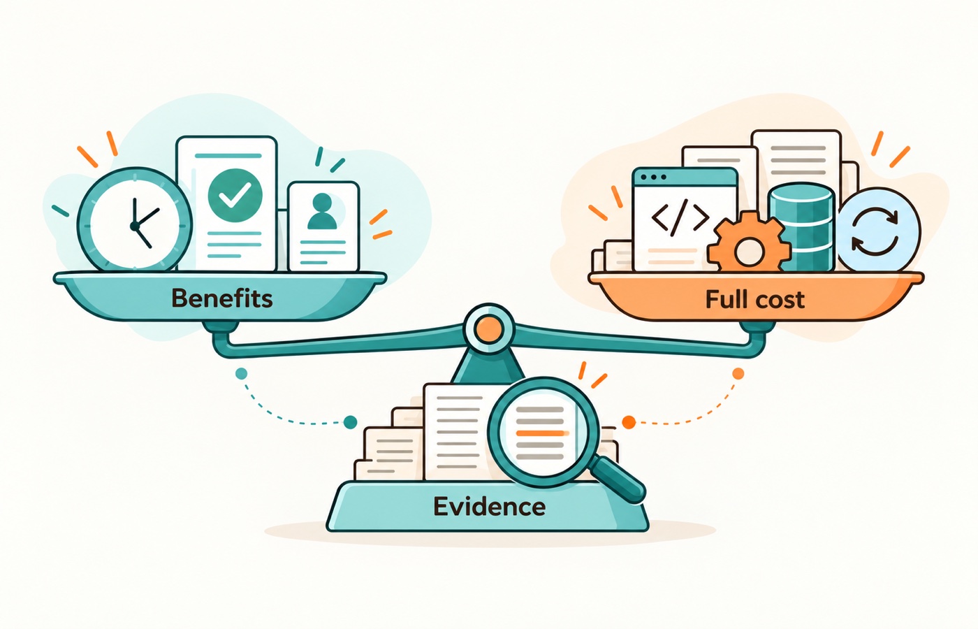 Assess an internal app’s measured benefits against its full ownership cost using a real baseline and explicit confidence in the evidence.