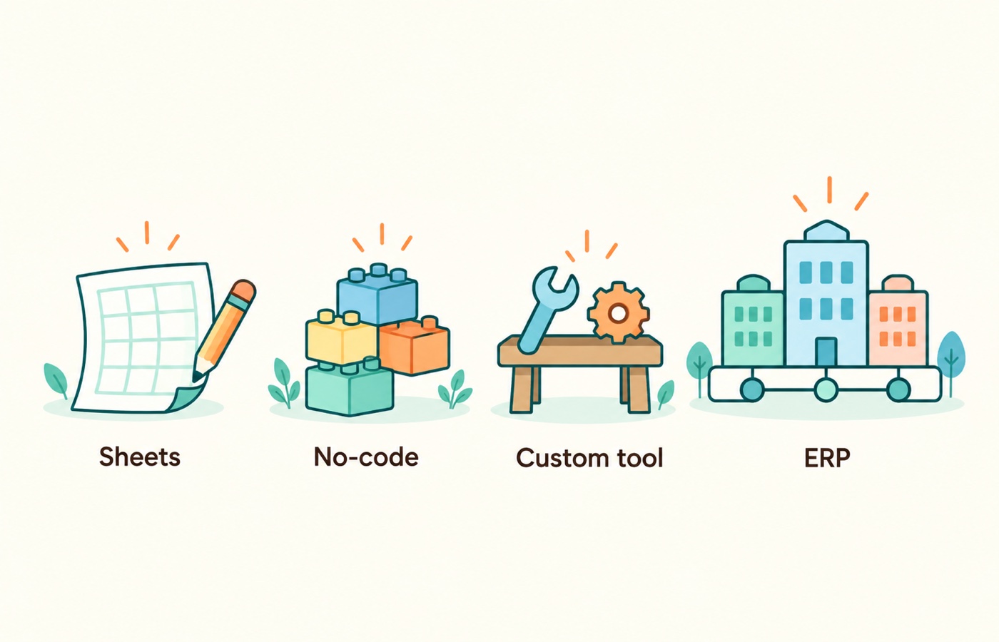 Four software options with different scope: spreadsheets, no-code tools, a focused custom tool, and a shared ERP system.