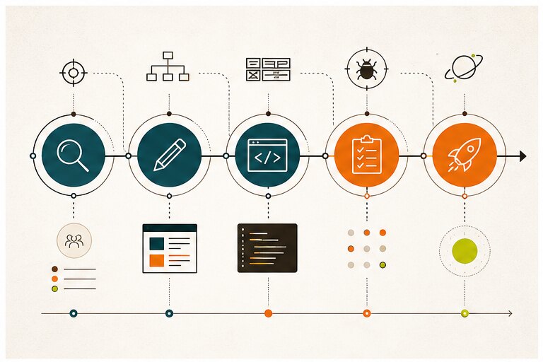 App development timeline from discovery and design through build, QA, and launch