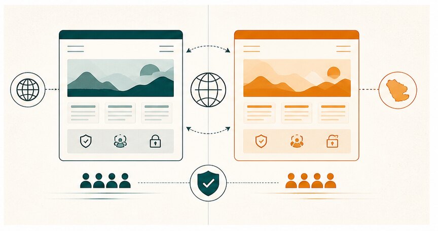 Bilingual website layout diagram showing English and Arabic user experience paths