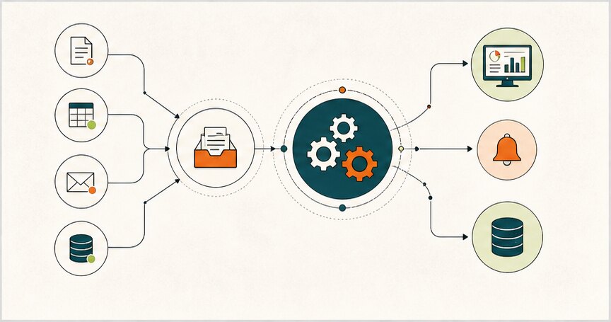 Business automation workflow turning manual inputs into operational dashboards and automated actions