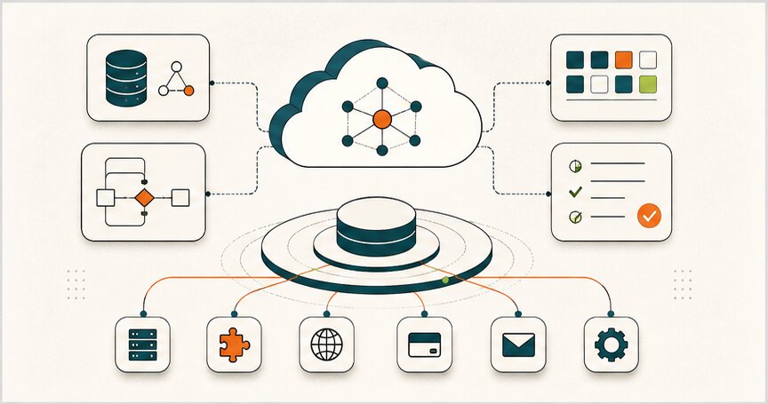 Cloud ERP operations map connecting data, workflows, dashboards, approvals, and integrations