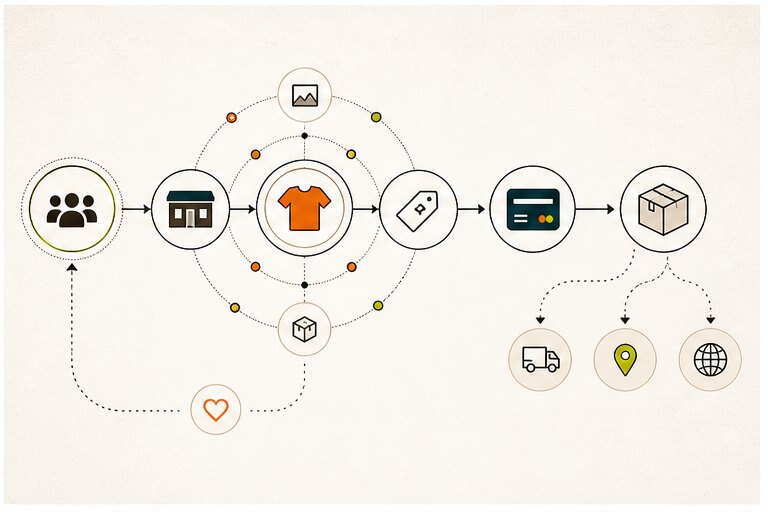 Creator commerce workflow from audience to storefront, checkout, fulfillment, and retention