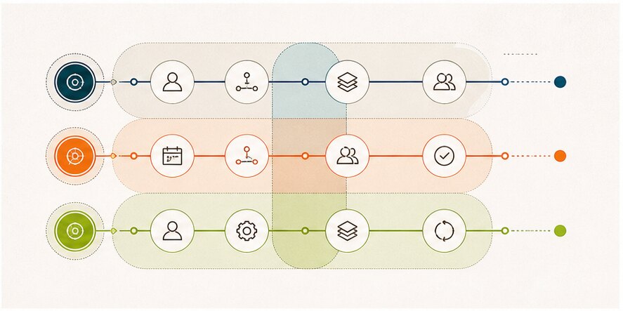 Fractional, interim, and outsourced CTO engagement comparison shown as parallel responsibility lanes