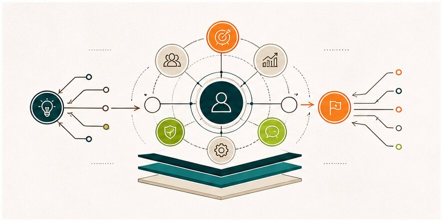 Abstract CTO leadership decision map connecting product, architecture, security, and business priorities