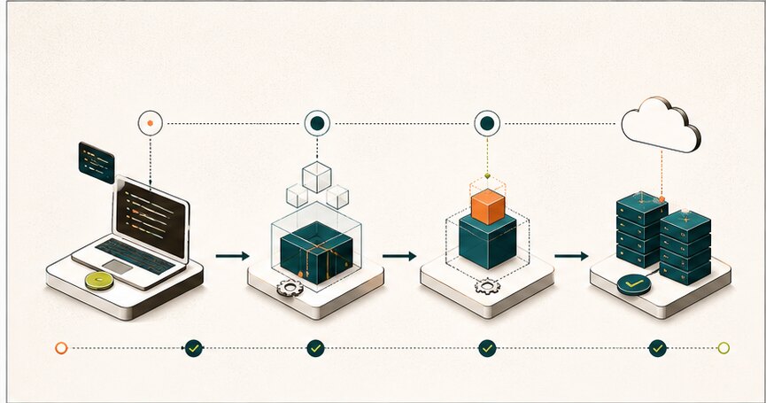 Software development environment pipeline from local work to testing, staging, and production