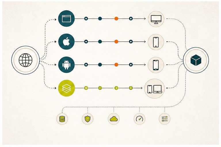 Mobile platform tradeoff map comparing web, iOS, Android, and cross-platform lanes