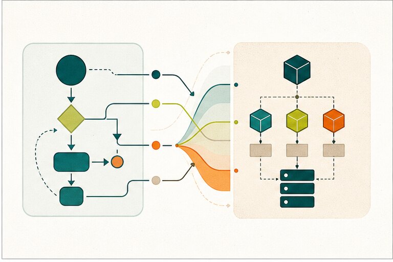 Product design and development handoff diagram showing user flows moving into technical architecture