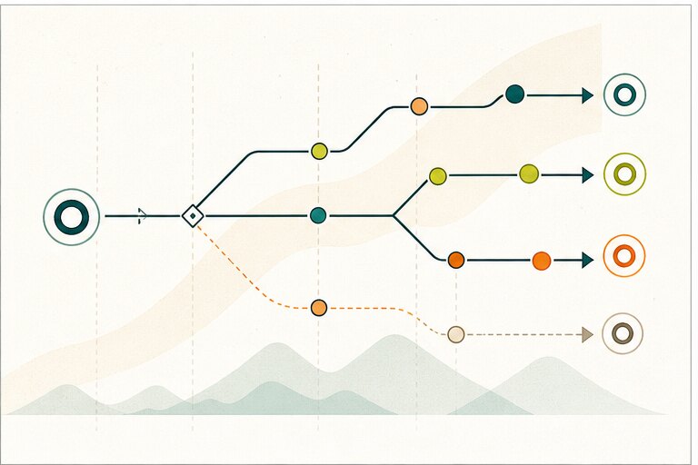 Product roadmap sequencing diagram with branching milestones and priority paths