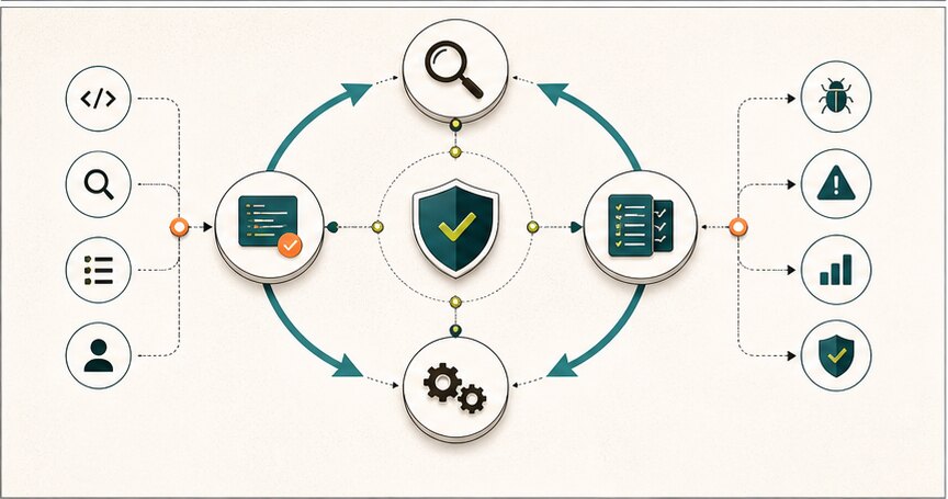 Quality assurance and bug prevention loop with reviews, testing, release gates, and feedback