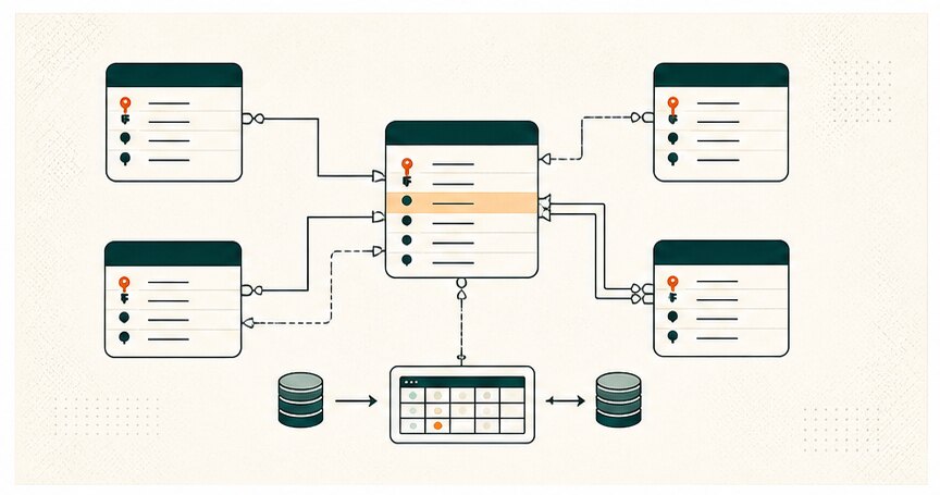 Relational database model showing linked tables, keys, and reporting relationships