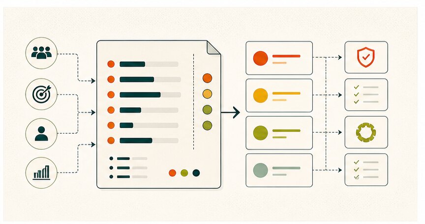 Software requirements blueprint showing stakeholder goals, acceptance criteria, and delivery checks