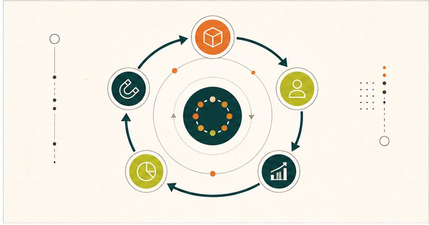 SaaS business model flywheel connecting product activation, retention, revenue, and expansion