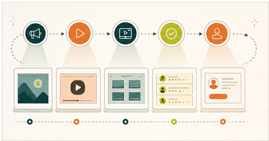 SaaS video storyboard funnel moving from awareness and demo to proof, conversion, and onboarding