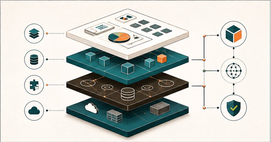 Software system stack diagram showing application, data, integration, and infrastructure layers