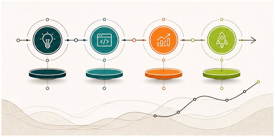 Startup CTO stage map showing idea, build, growth, and scale milestones
