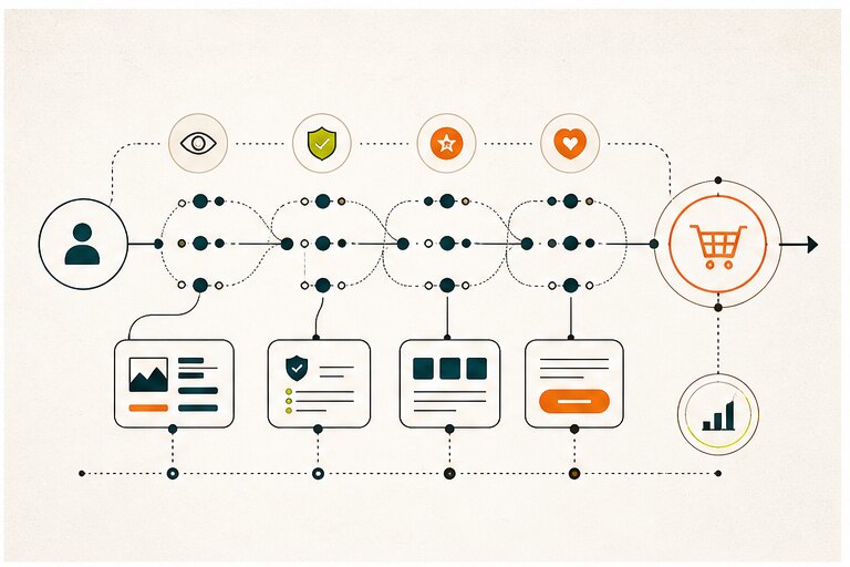 Website conversion path showing visitor trust signals, content checkpoints, calls to action, and analytics