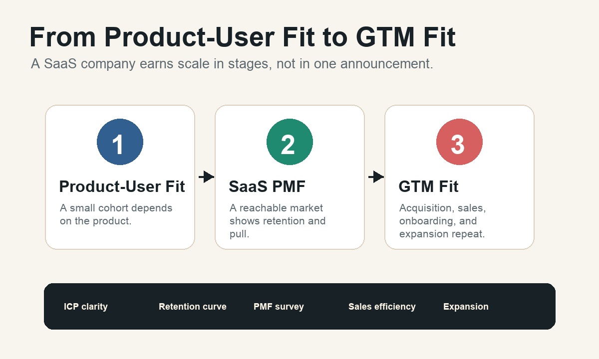 Diagram showing product-user fit becoming SaaS product-market fit and then go-to-market fit