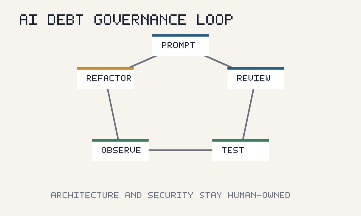 AI technical debt governance loop with prompt, review, test, deploy, observe, and refactor stages