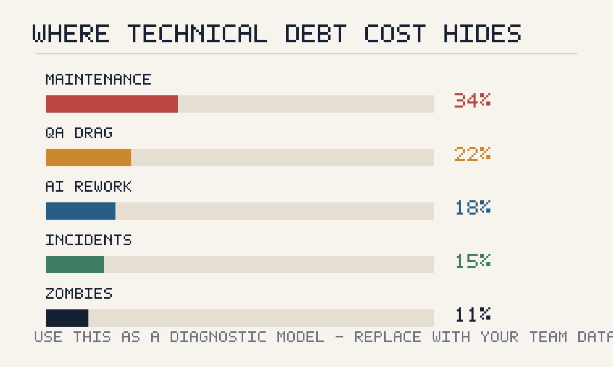 Technical debt cost breakdown showing maintenance, AI rework, QA drag, and feature retirement