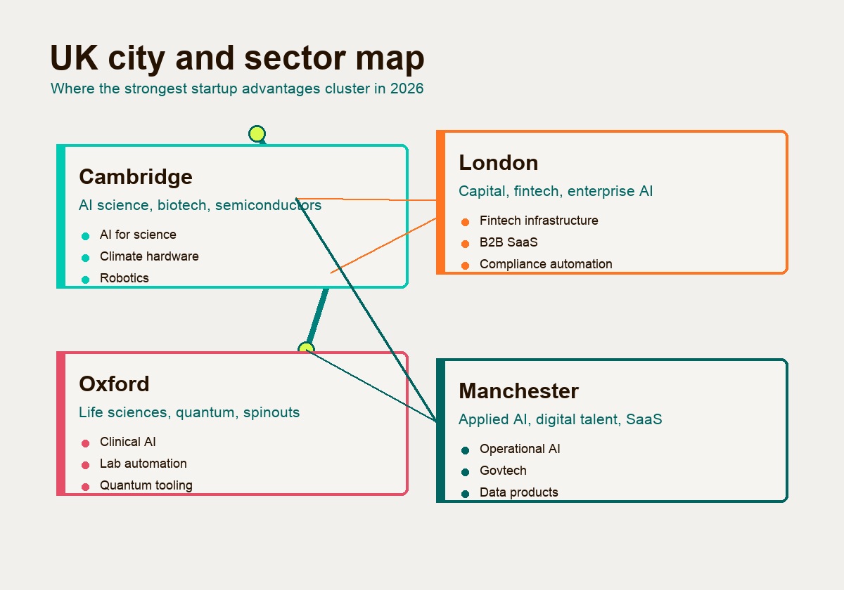 City and sector map of London, Cambridge, Oxford, and Manchester startup strengths