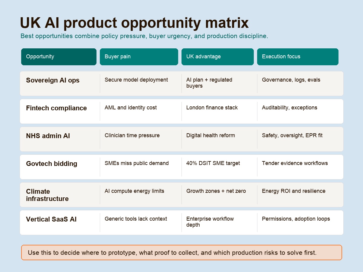 UK AI product opportunity matrix linking policy, buyer pain, and execution requirements