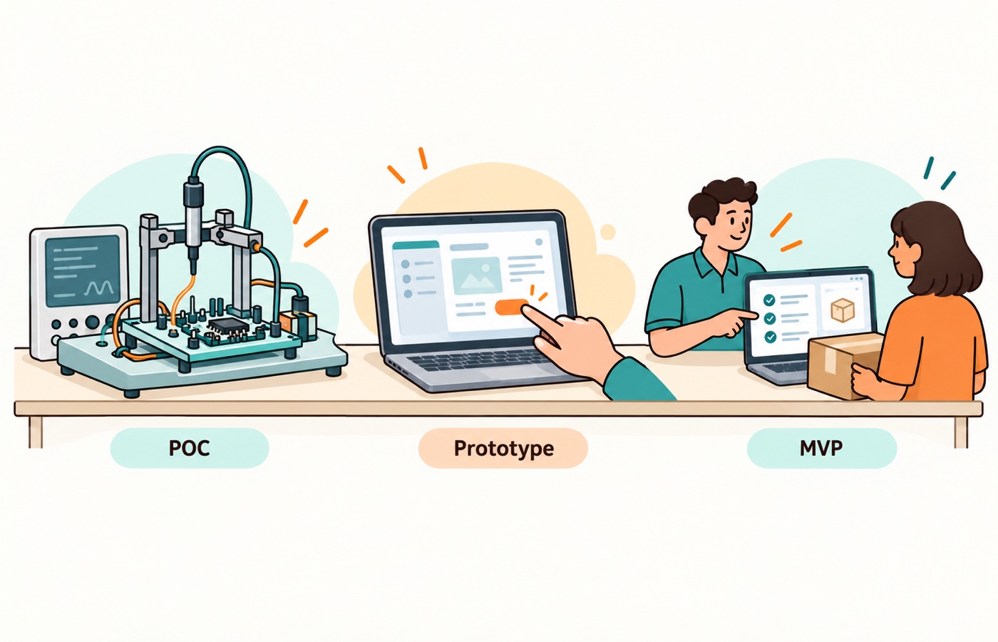 Use a proof of concept for feasibility, a prototype for usability, and an MVP or smaller demand test for market behavior.